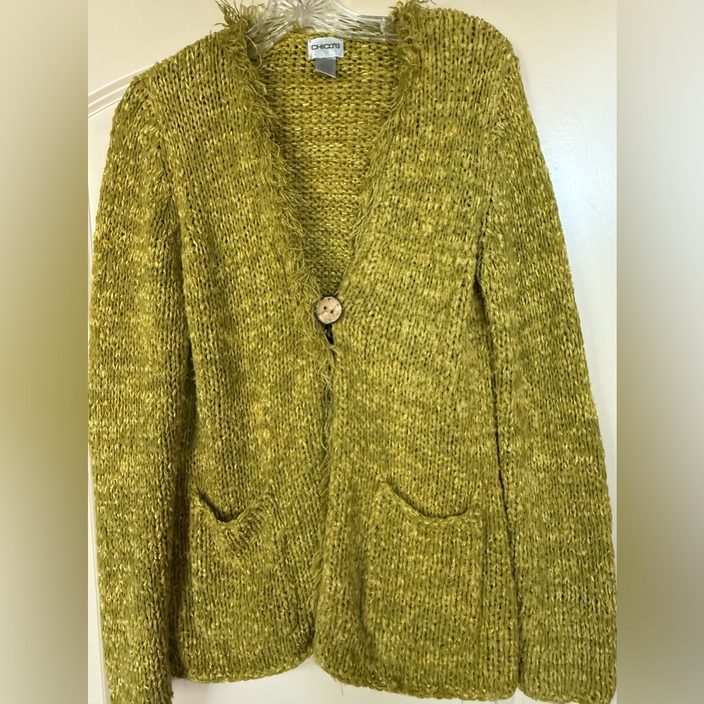 Chico's Oversized Olive Green Knit Chicos Cardigan Sz 2(Large),Fringe trimmed